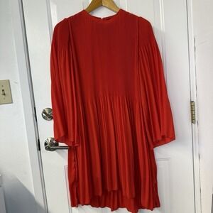 Zara Pleated Mini Dress Red‎ Long Wide Sleeves Basic Collection Womens Sz XSmall